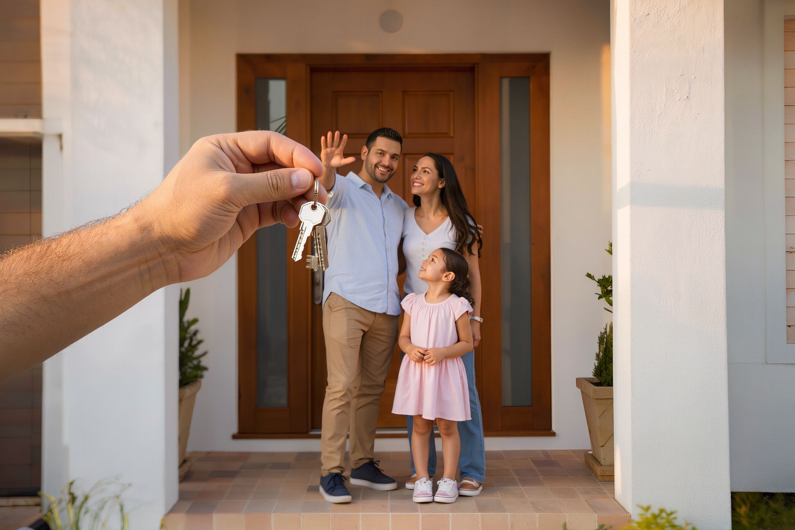 Familia recibiendo las llaves de su casa nueva