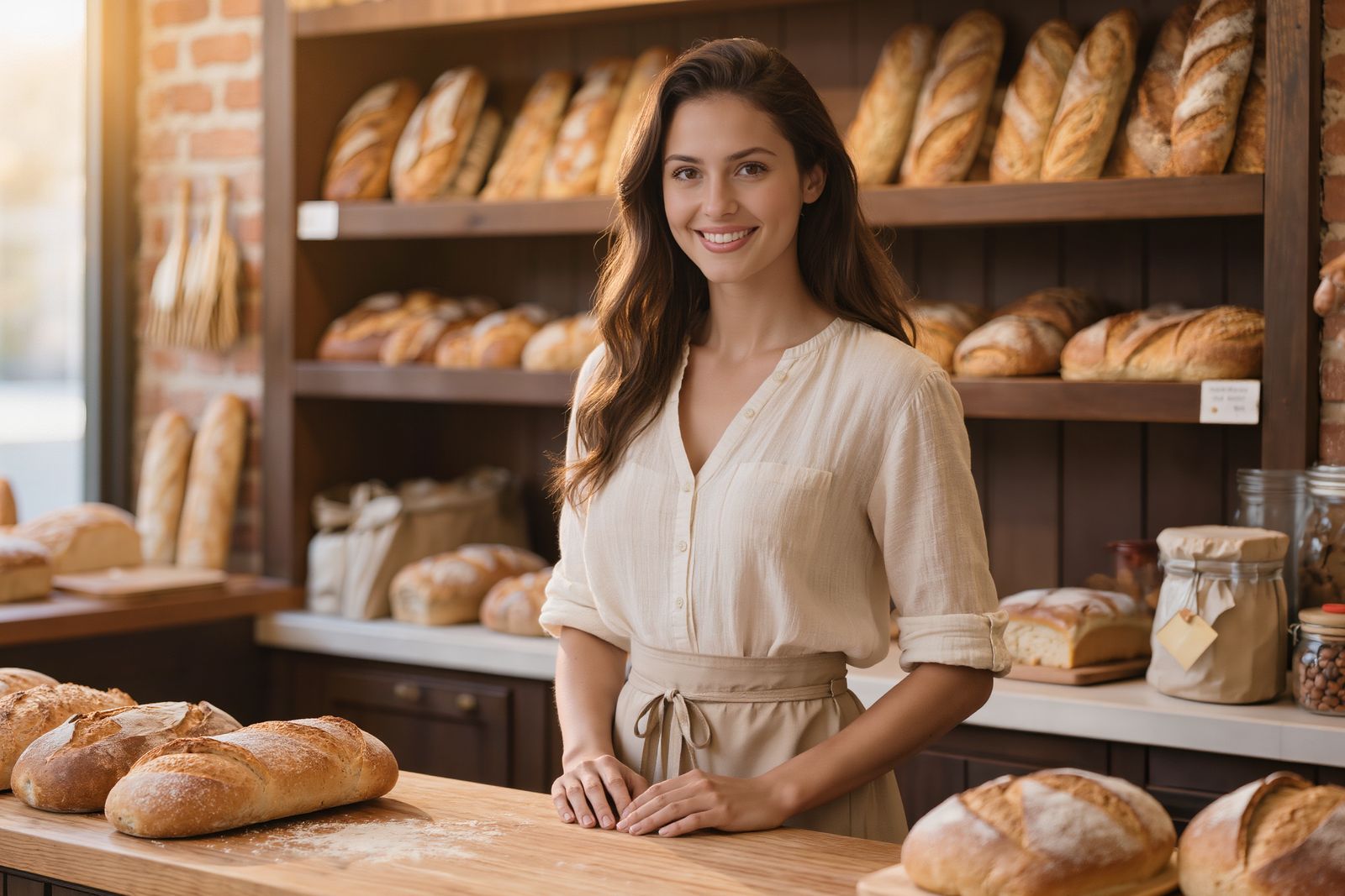 Dueña de una panadería en su mostrador