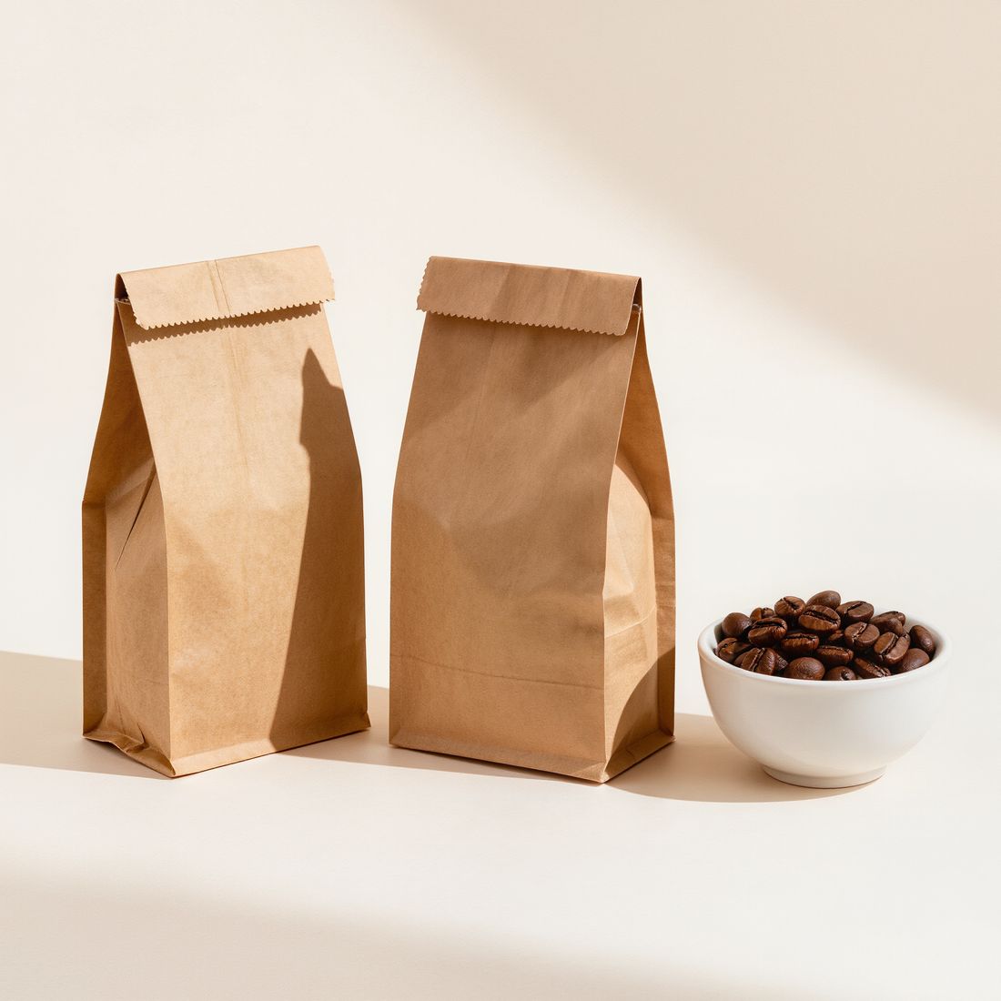 Costales de café y un tazón con grano tostado