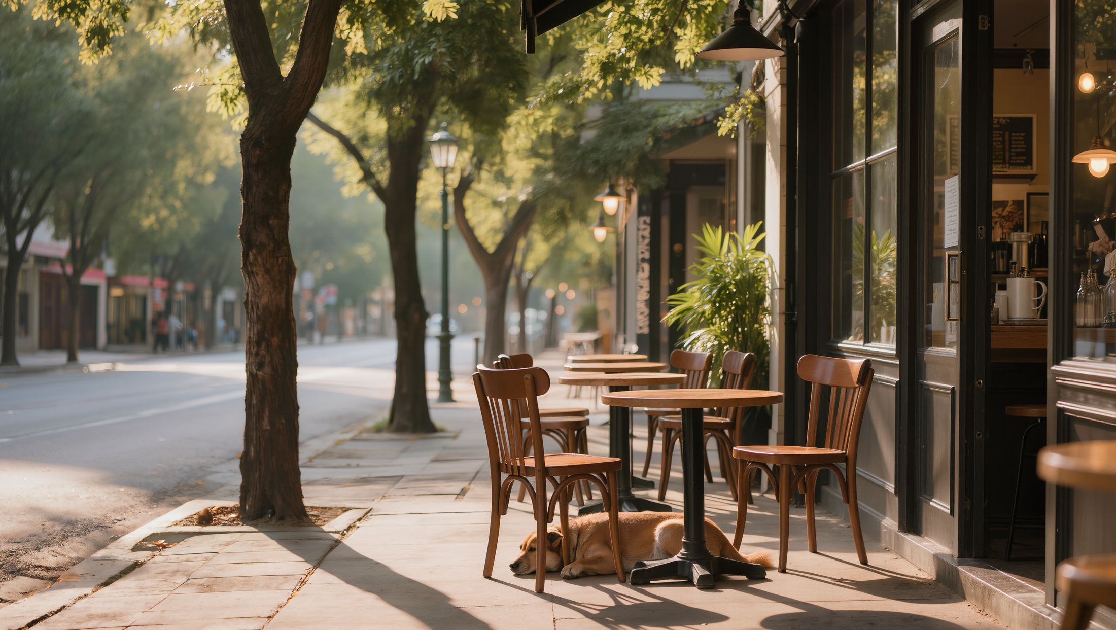 Terraza de la cafetería en una calle arbolada de la Condesa