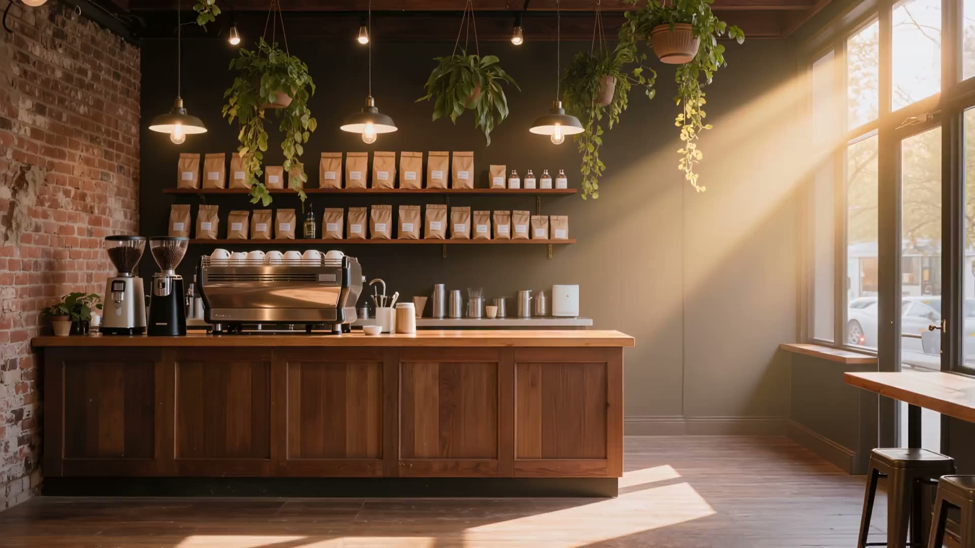 Interior de la cafetería con luz de la mañana y la barra de espresso